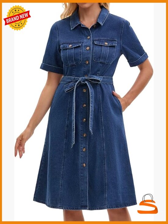 Dresses & Skirts - Denim Button Down Dress with Belt and Pockets